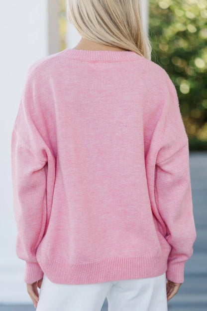 Pink Corded Love Script Graphic Baggy Sweater