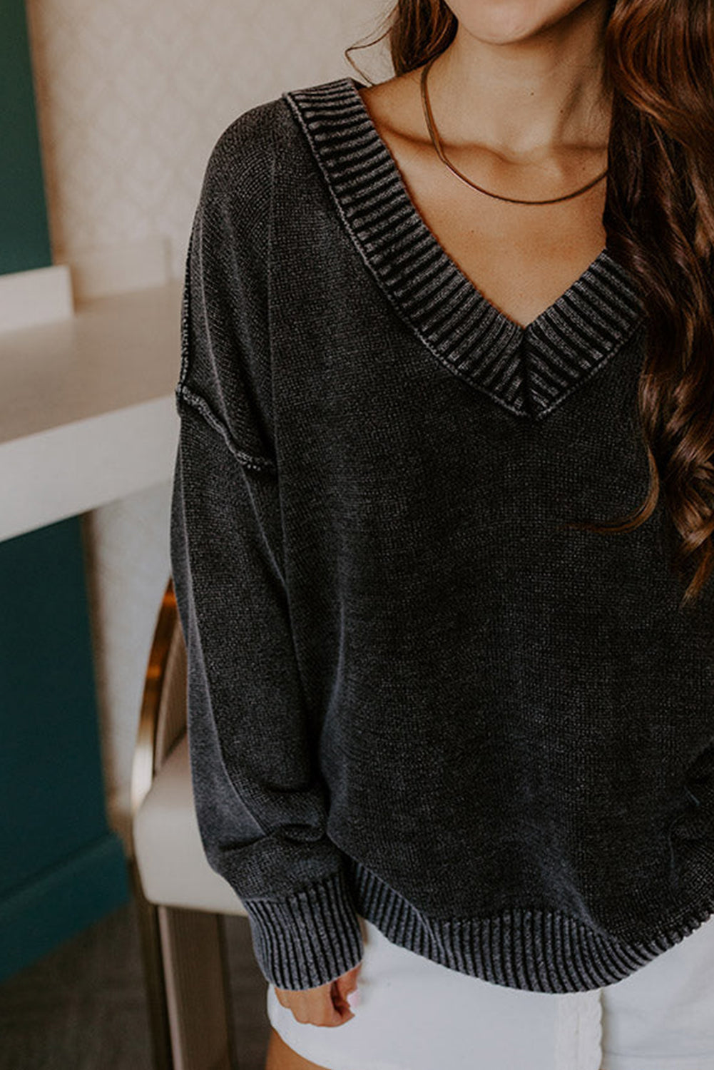 Black Mineral Wash V Neck Knit Exposed Seam Drop Shoulder Loose Sweater