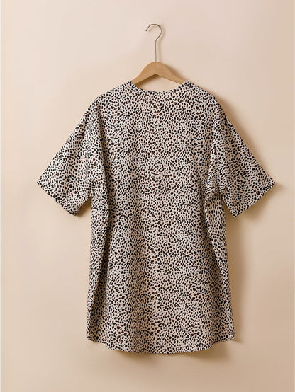 Leopard Print Khaki Plus Size Open Front Cardigan with Half Sleeves