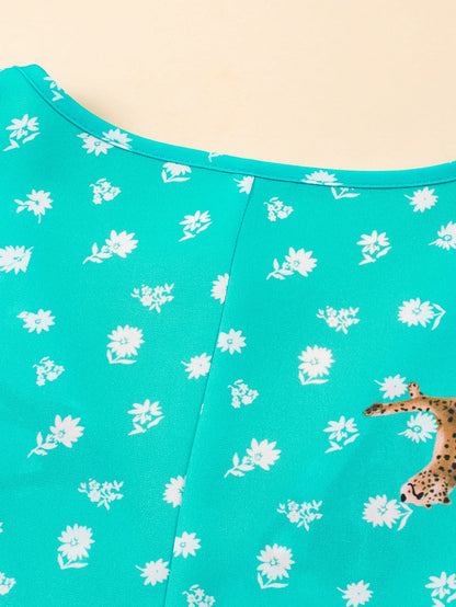 Green Cheetah Print V Neck Short Sleeve Plus Top