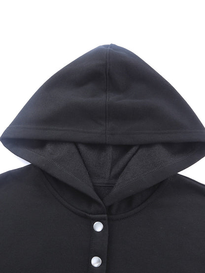 Black Batwing Snap Henley Hoodie with Kangaroo Pocket