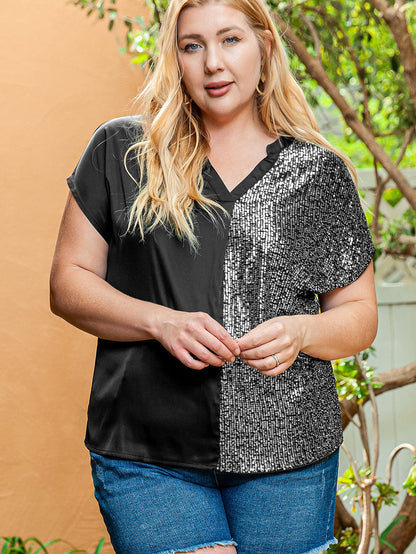 Black Plus Size Sequined Patchwork V Neck Tee