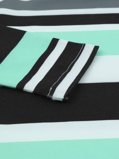 Green Striped Pullover Hooded Sweatshirt