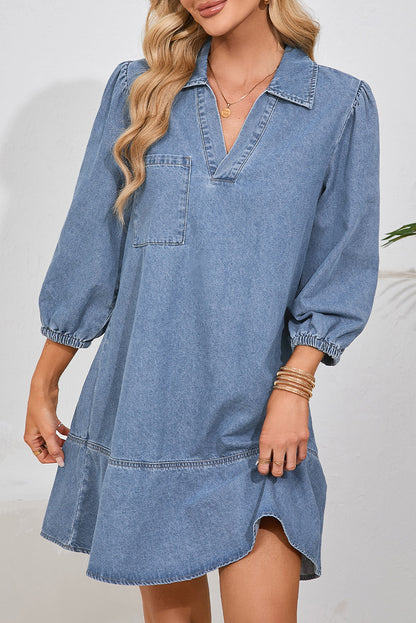 Beau Blue V Neck Collared Single Chest Pocket Long Sleeve Denim Shift Dress