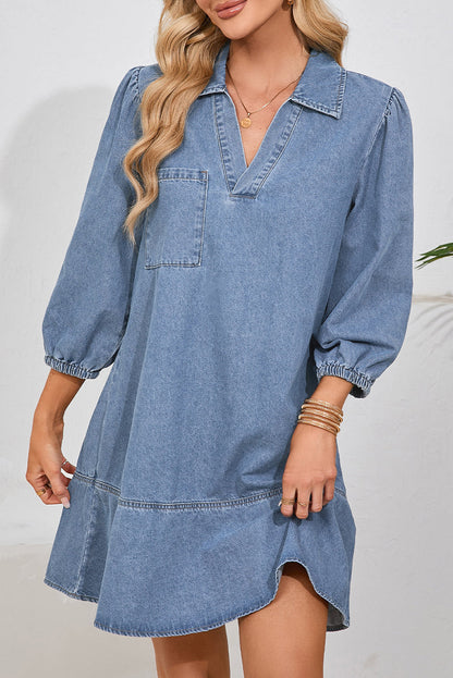 Beau Blue V Neck Collared Single Chest Pocket Long Sleeve Denim Dress