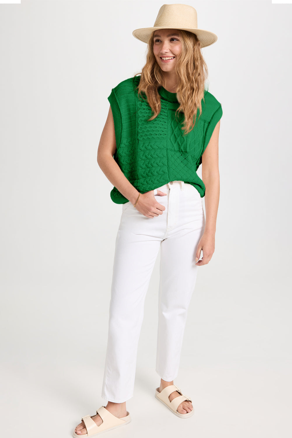 Bright Green Cable Knit Dolman Armholes Sweater Tank