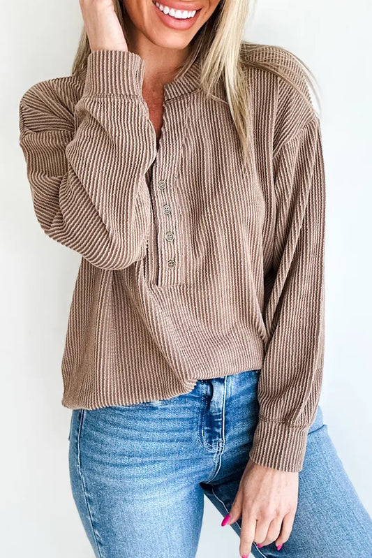 Dark Khaki Twisted Ribbed Half Button Long Sleeve Loose Top