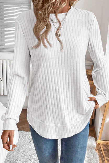 White Ribbed Texture Round Neck Long Sleeve Rounded Hem Knit Top