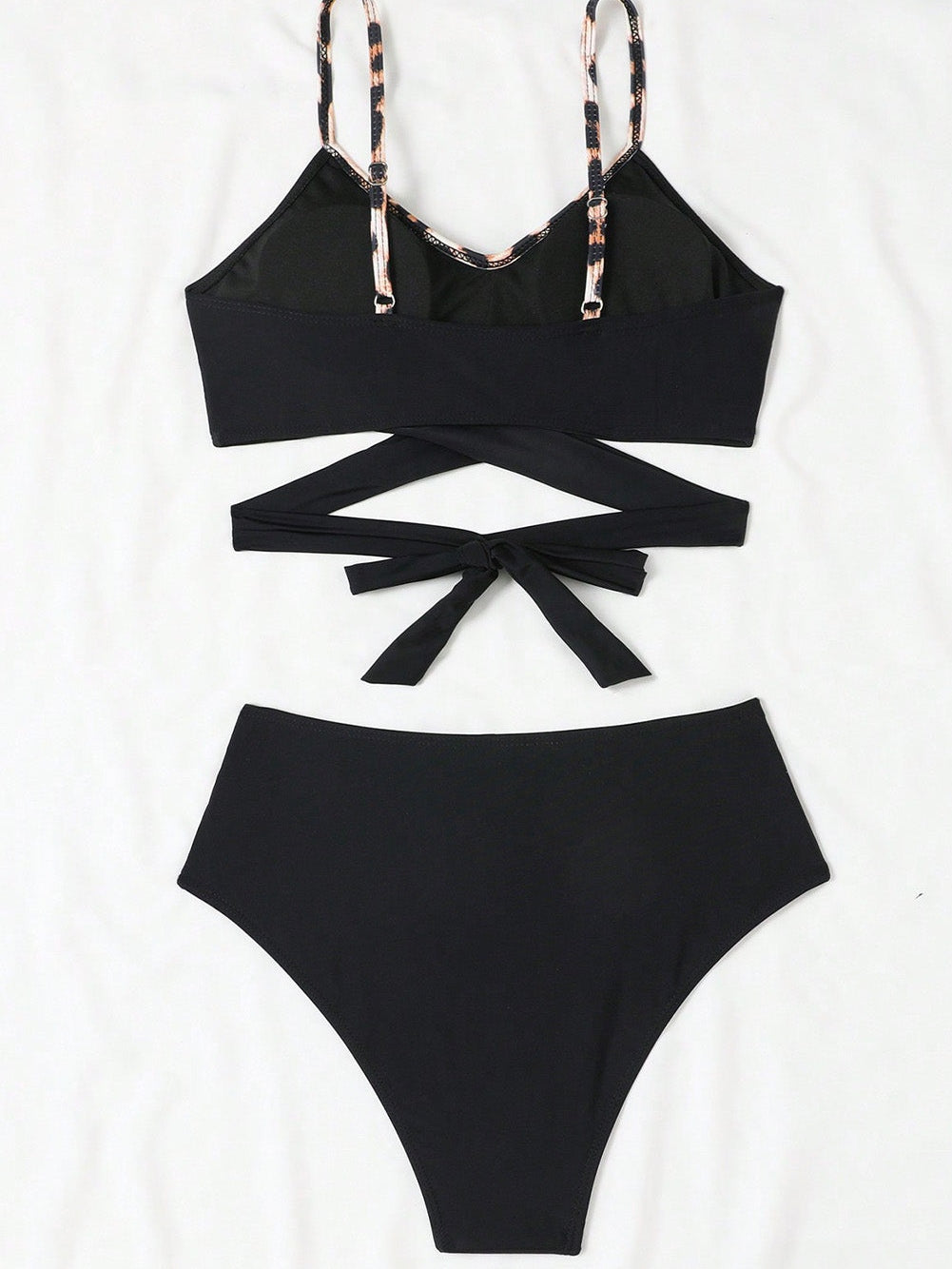 Black Leopard Print High Waisted Bikini with Criss Cross Tie Detail