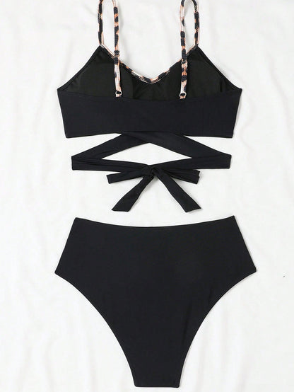 Black Leopard Print High Waisted Bikini with Criss Cross Tie Detail