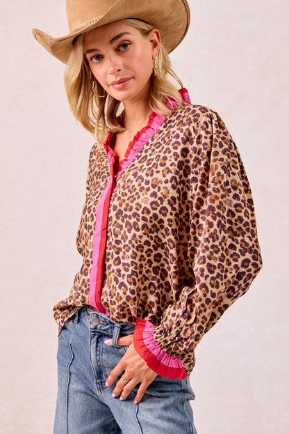 Khaki Leopard Print Contrast Frilled Striped Trim V Neck Long Sleeve Blouse