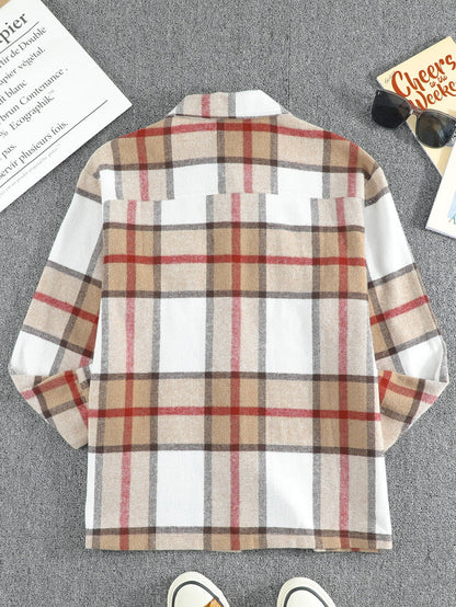 Khaki Plaid Print Sheath Button-Up Coat with Pockets