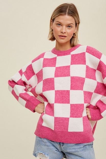 Bright Pink Ribbed Trim Checkered Pattern Knit Baggy Sweater