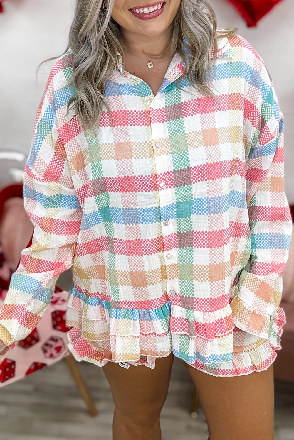 White Colorful Plaid Ruffled Long Sleeve Shirt and Shorts Lounge Set