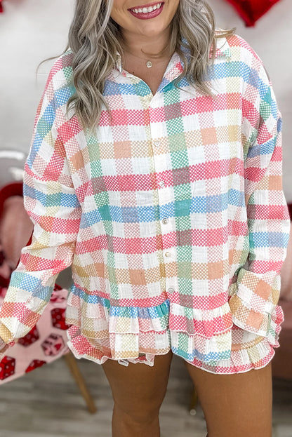White Colorful Plaid Ruffled Long Sleeve Shirt and Shorts Lounge Set