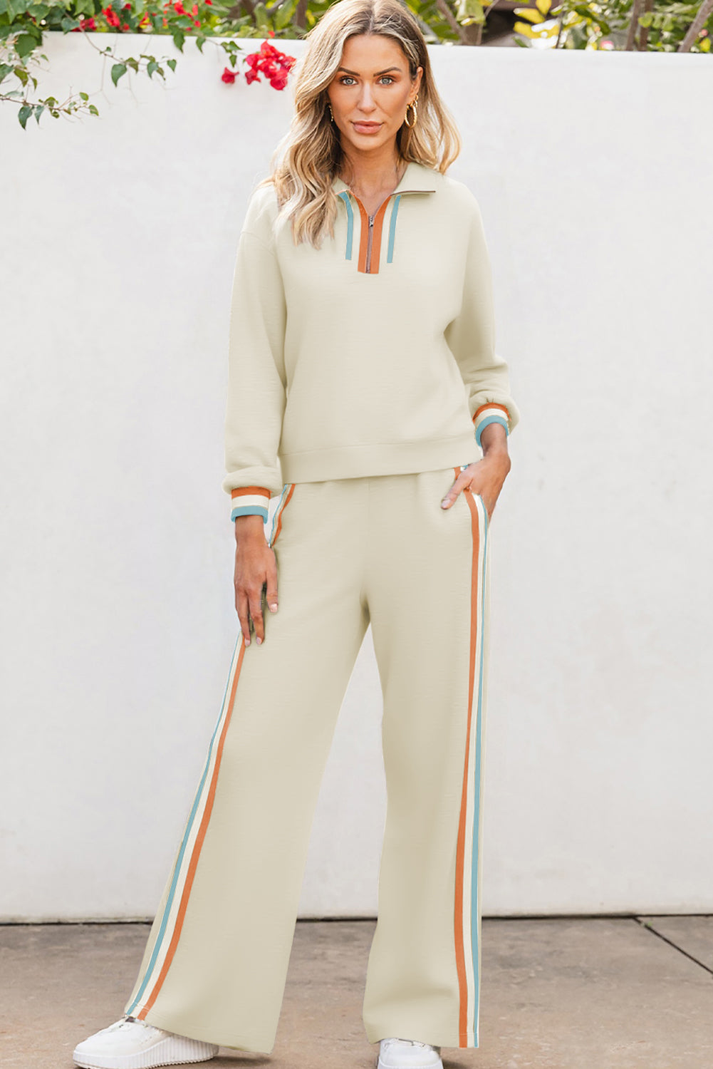 Apricot Striped Patchwork Quarter Zip Pullover Loose Pant Set