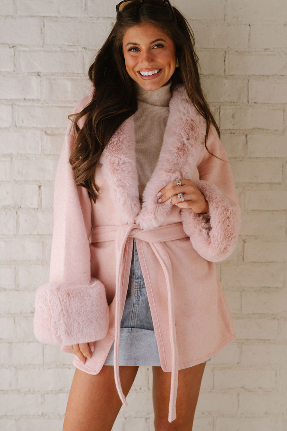 Delicacy Plus Collar Cuff Patchwork Open Front Belted Overcoat