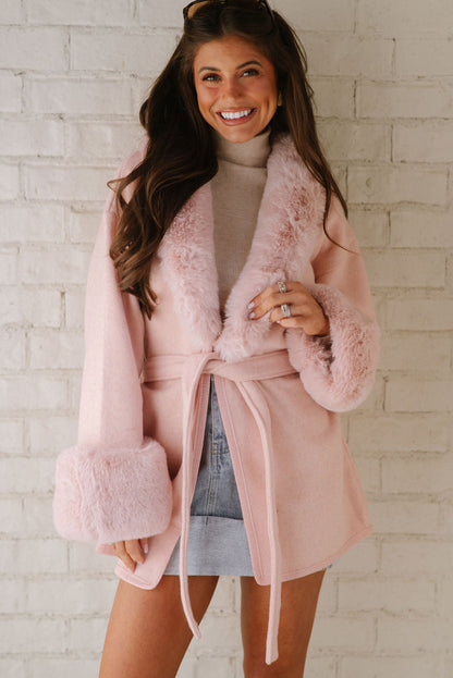 Delicacy Plus Collar Cuff Patchwork Open Front Belted Overcoat