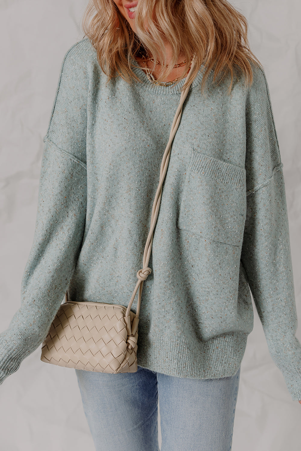 Smoke Green Confetti Knit Ribbed Trim Drop Shoulder Baggy Sweater