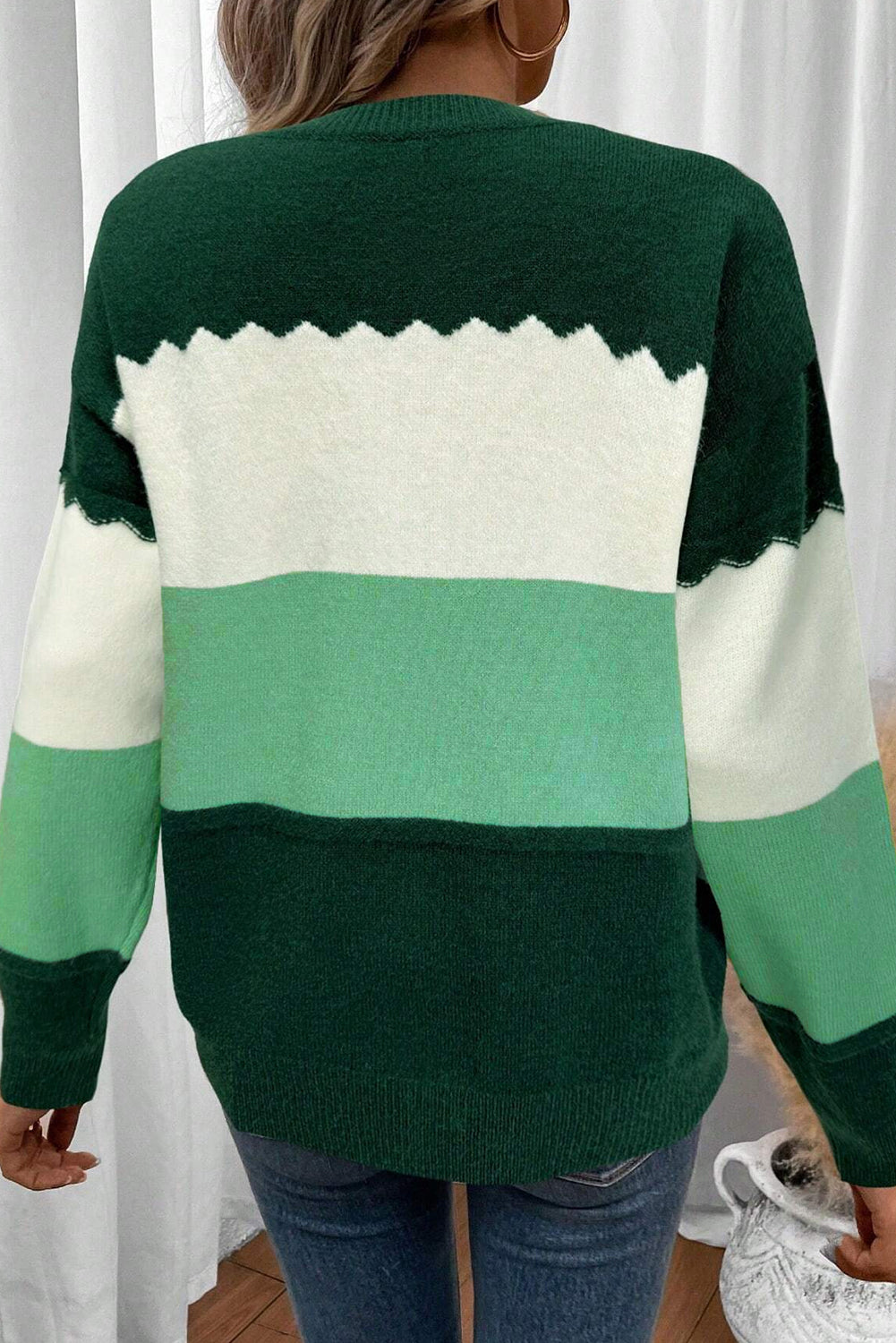 Green Colorblock Crew Neck Drop Shoulder Sweater