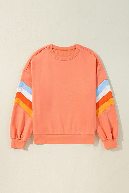Flamingo Rainbow Striped Sleeve Crew Neck Loose Sweatshirt