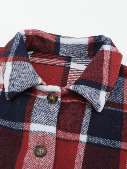 Fiery Orange Plaid Print Button-Up Shirt Jacket