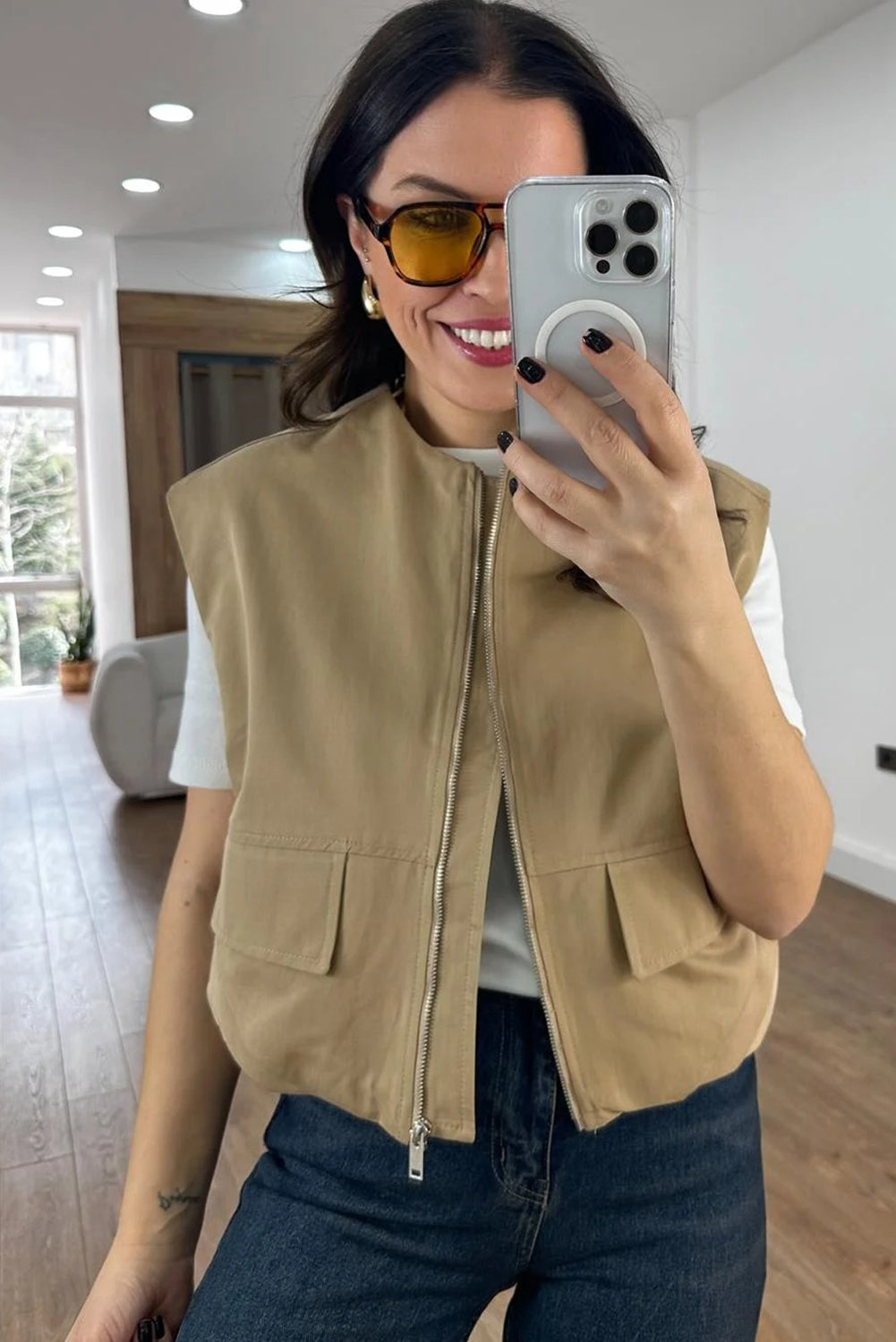 Tan Mock Pockets Zipped Front Cargo Style Casual Vest