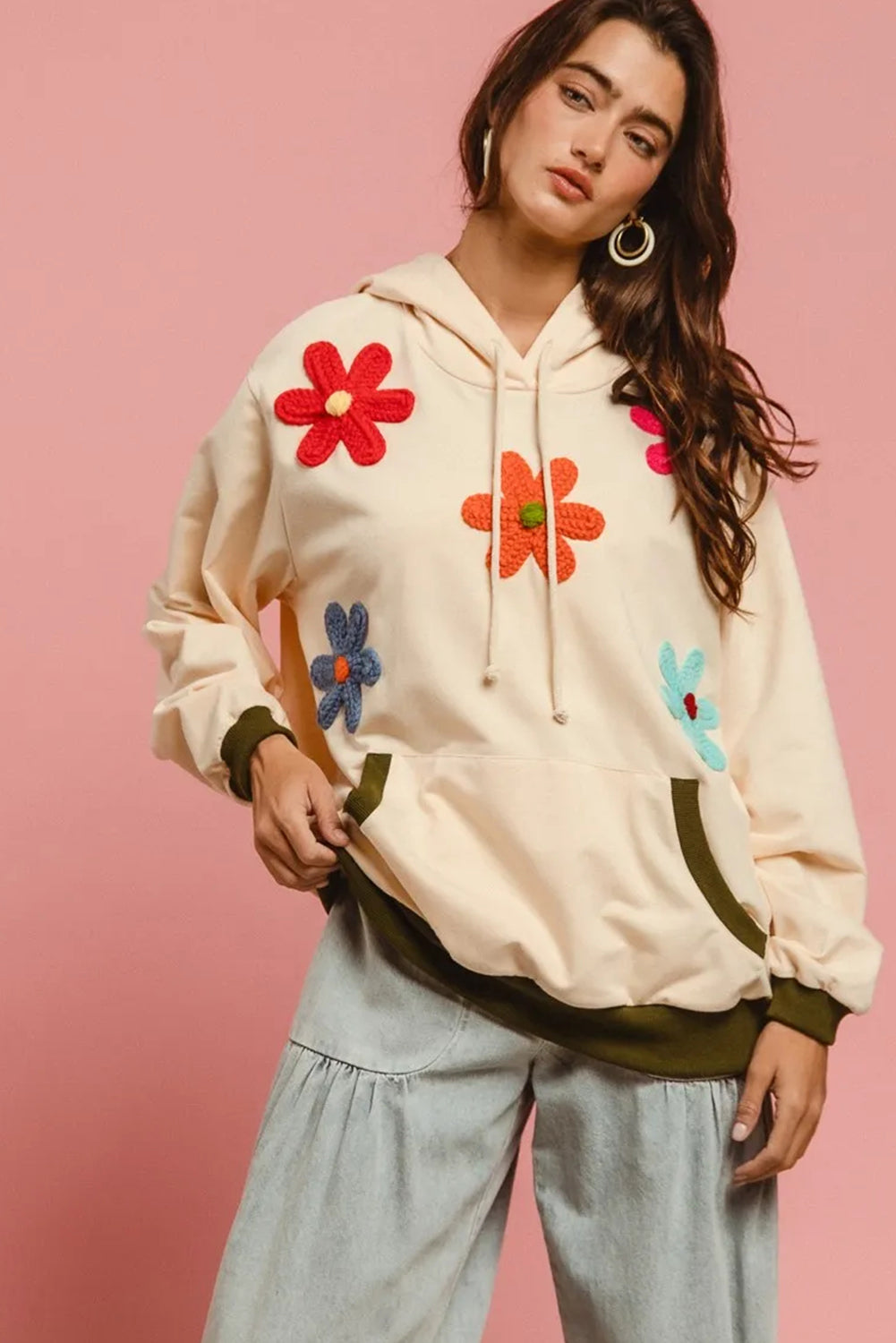 Beige Flower Patched Contrast Trim Pullover Hoodie