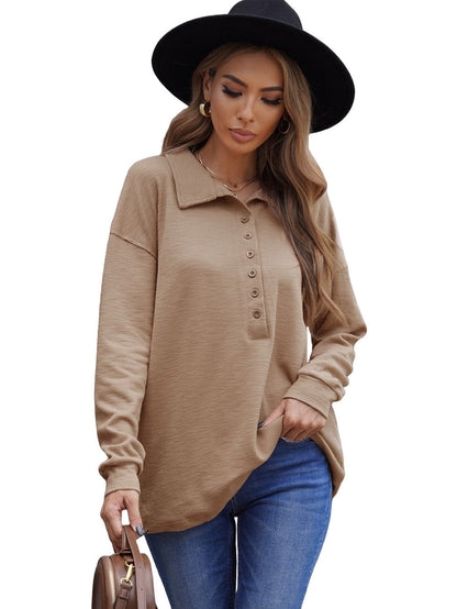 Elegant Khaki Knit Top with Chic Turn-down Neck