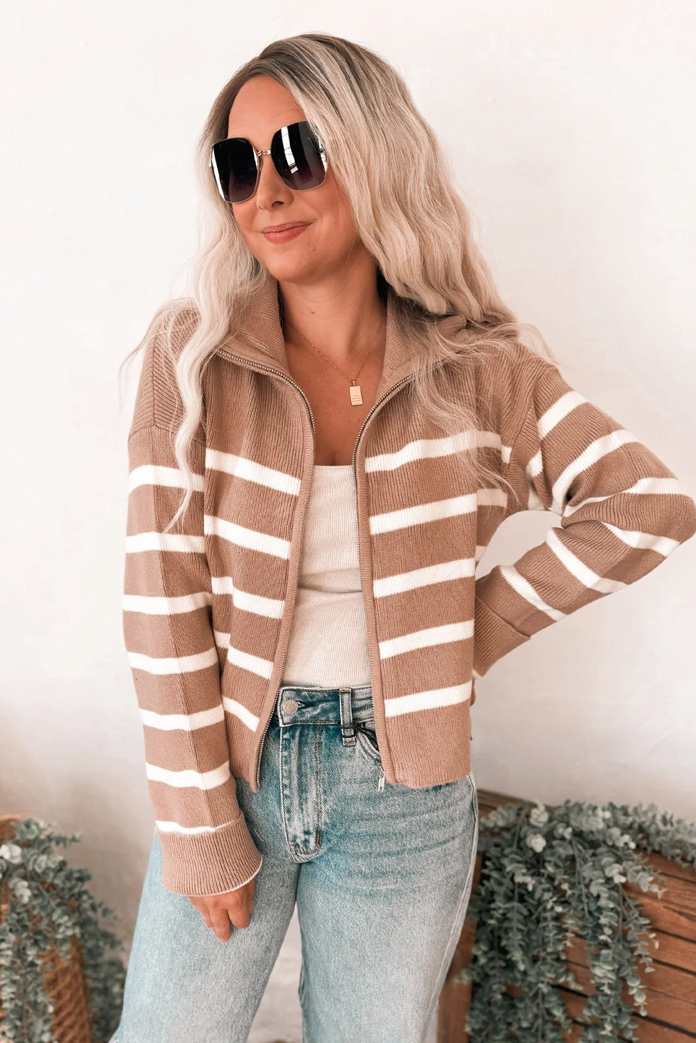 Khaki Stripe Ribbed Knit Zip Up Drop Shoulder Sweater Cardigan