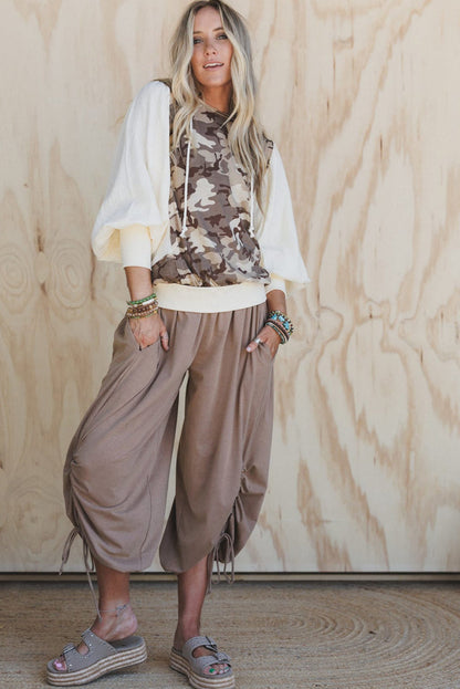 Khaki Camouflage Printed Cotton Gauze Puff Sleeve Patchwork Hooded Top