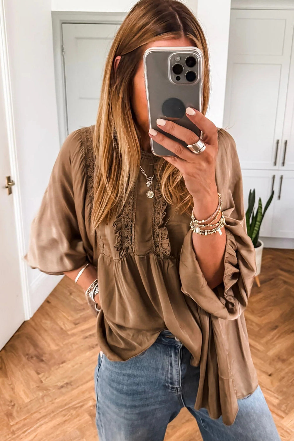 Dark Khaki Silky Round Neck Lace Frilled Detail Long Sleeve Blouse