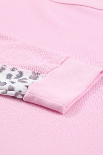 Pink Leopard Patchwork Plus Size Sweatshirt with Exposed Seams
