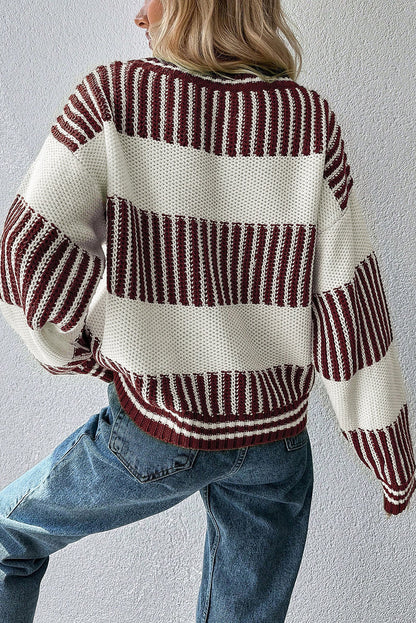 Brown Two Tone Striped Patchwork Drop Shoulder Loose Sweater