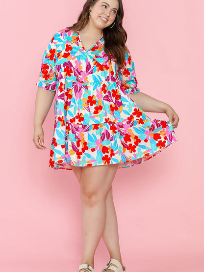 Multicolour Floral Tiered V Neck Plus Dress