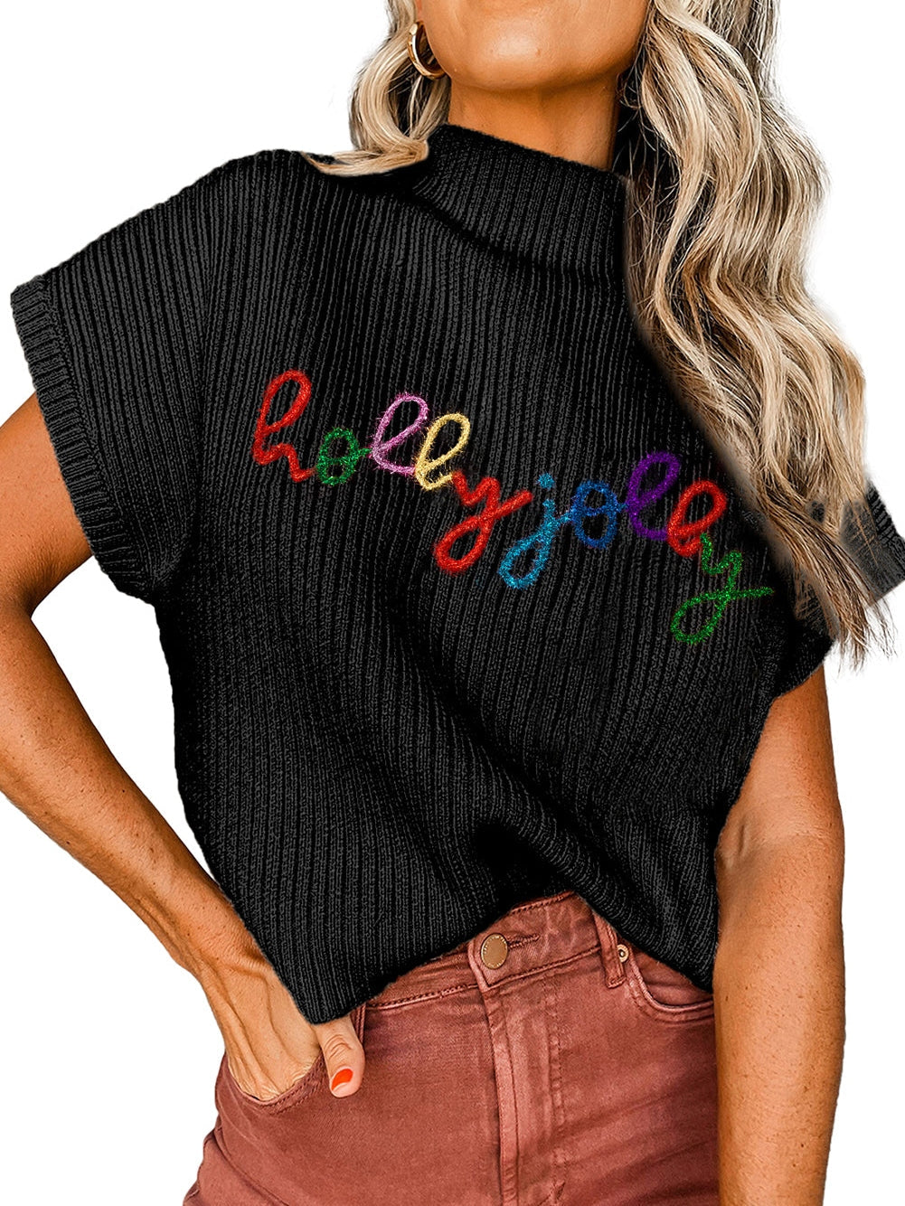 Festive Holly Jolly Black High Neck Short Sleeve Christmas Sweater