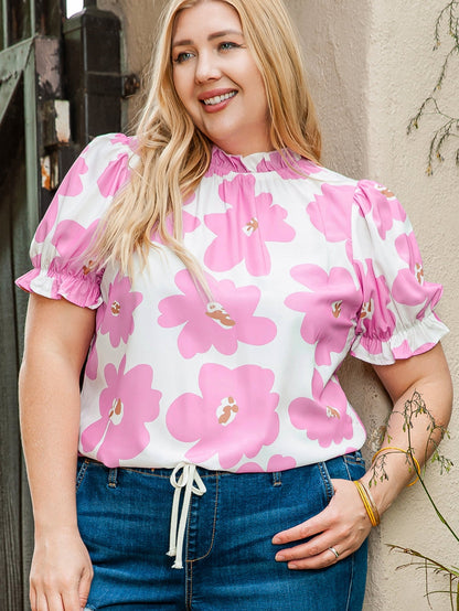 Purple Floral Ruffled Mock Neck Puff Sleeve Plus Size Blouse