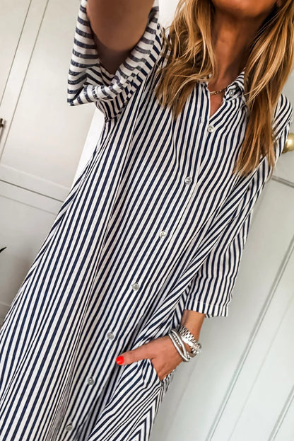 Black Stripe Side Pockets Buttoned Loose Fit Maxi Dress