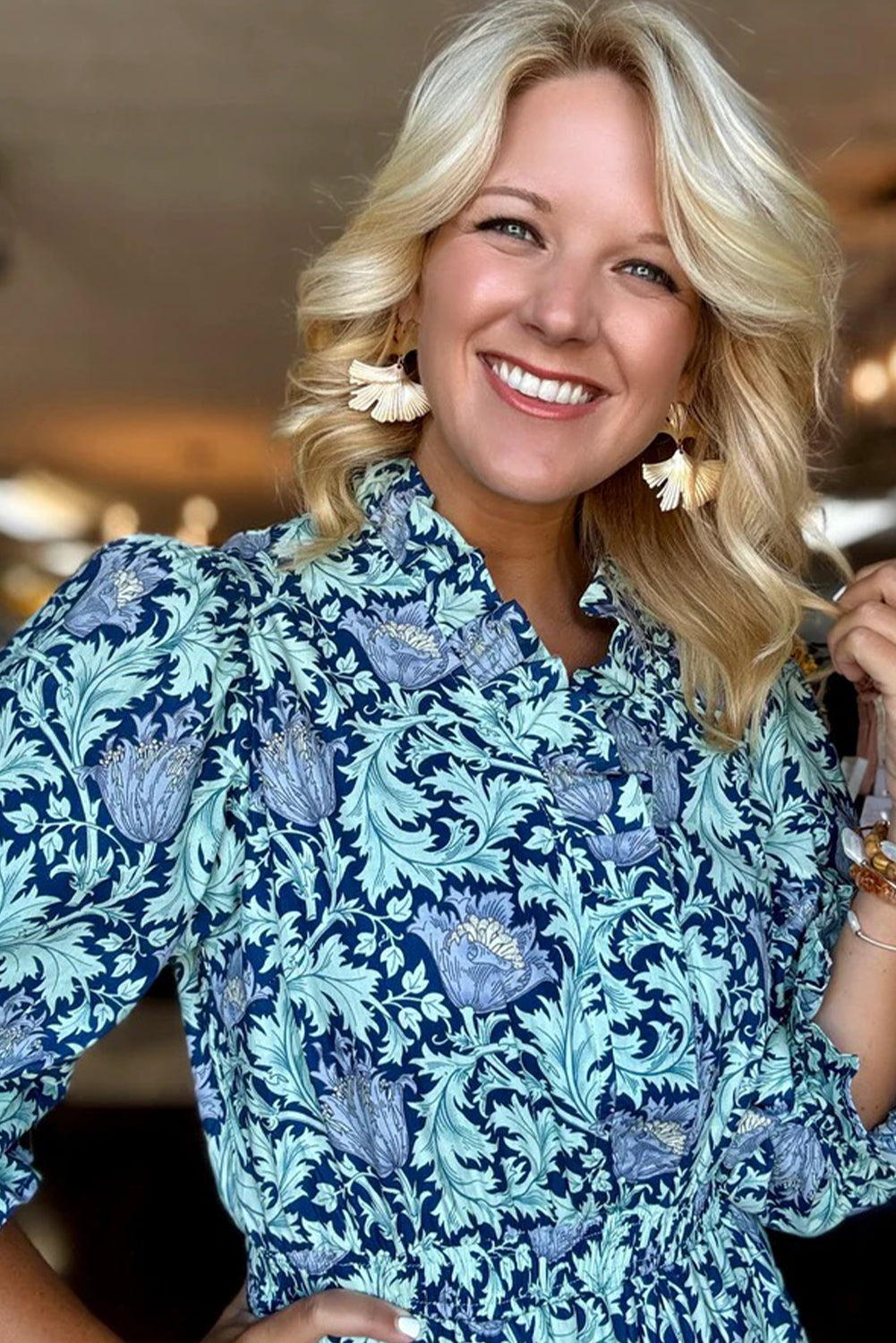 Sky Blue Floral Printed Frilled V Neck Bracelet Sleeve Midi Dress