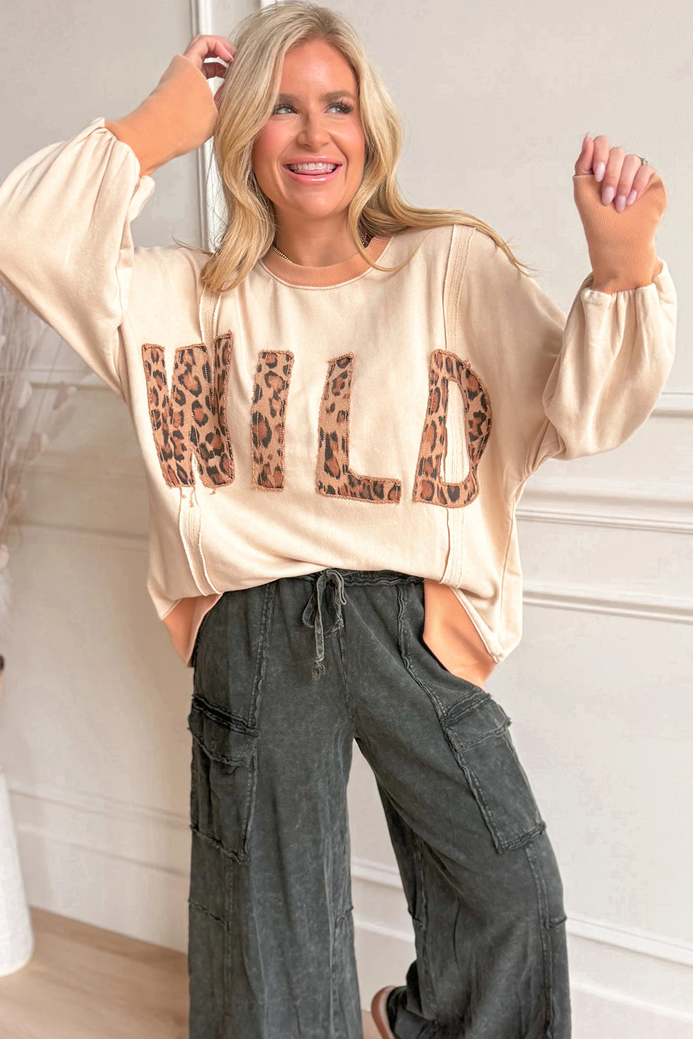 Apricot WILD Leopard Letter Stitched Raw Seam Oversize Pullover Sweatshirt