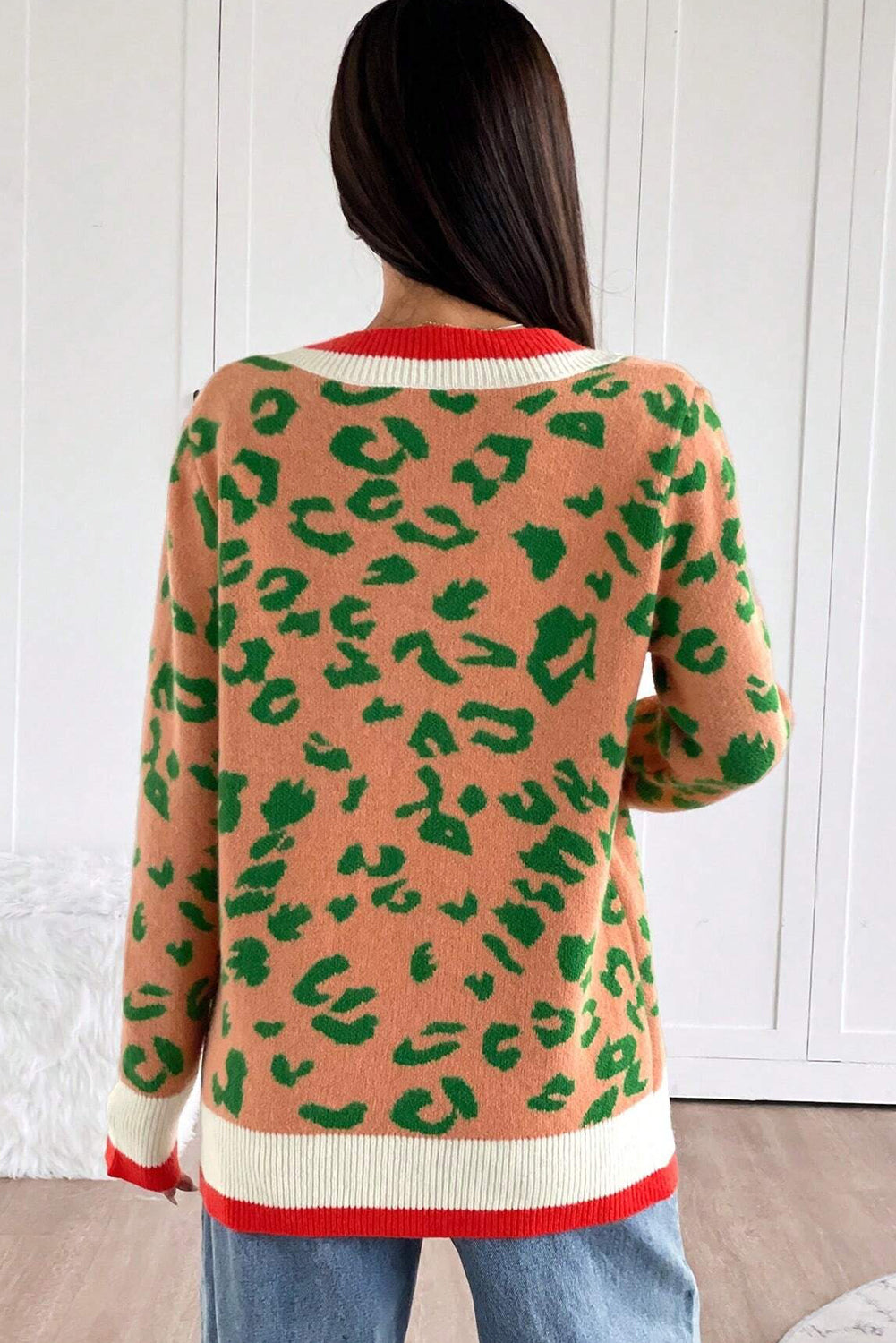 Orange Leopard Pattern Knit Contrast Striped Trim V Neck Sweater