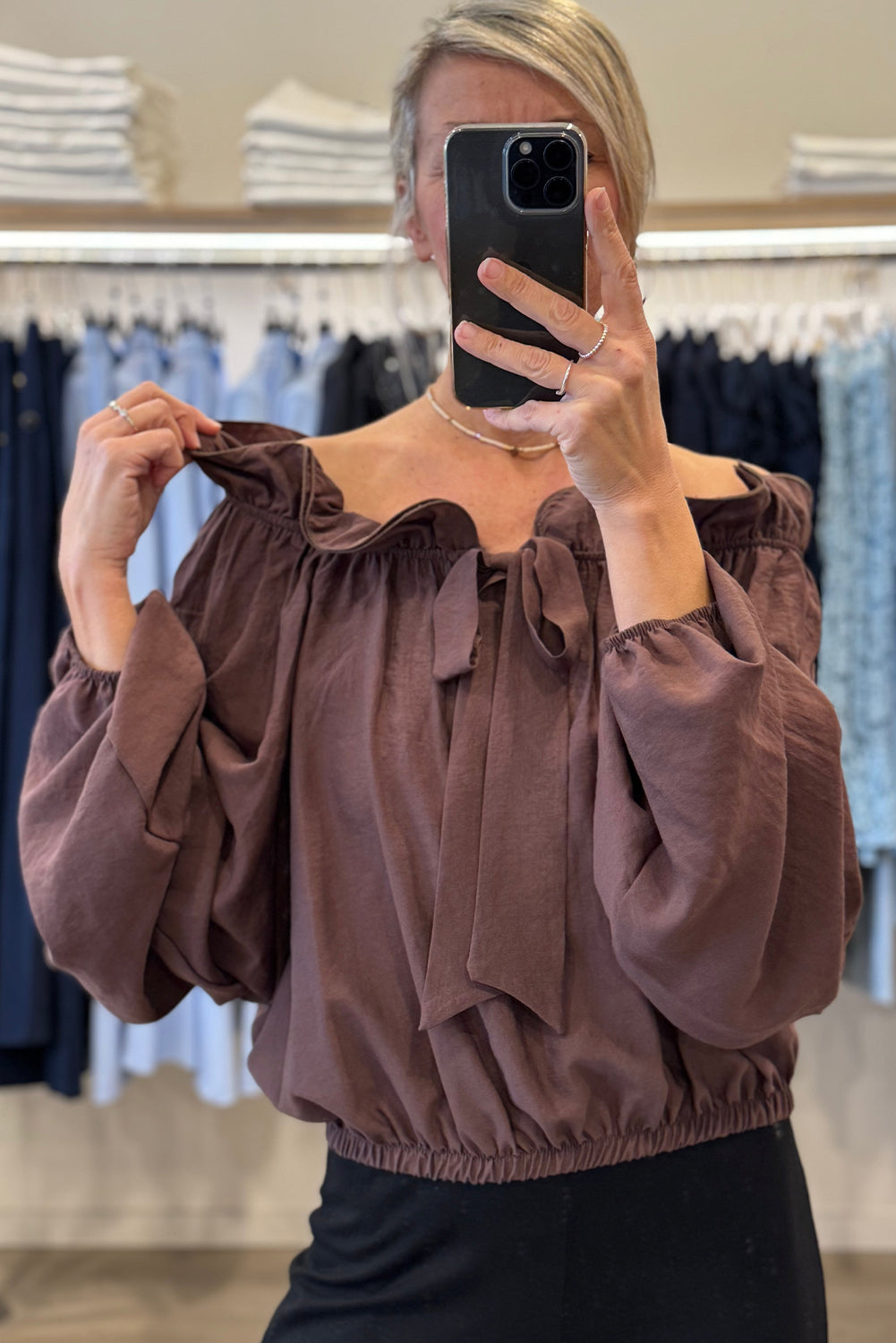 Wild Ginger  Knot Front Frilled Off Shoulder Long Sleeve Blouse