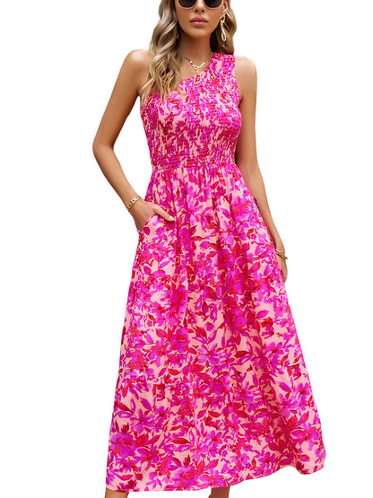 Midi Dresses - Elegant Slanted Shoulder Print Midi Dress - MsDressly