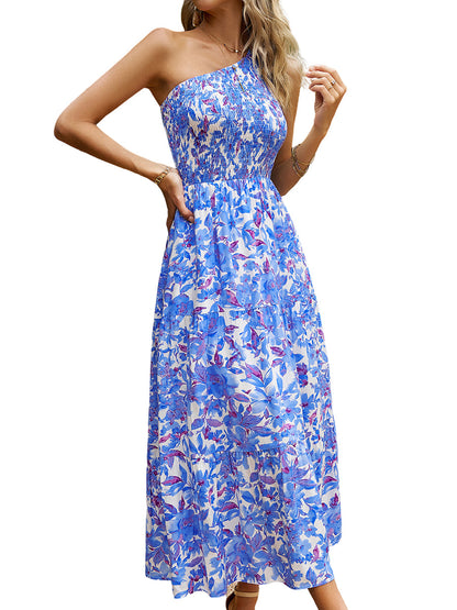 Midi Dresses - Elegant Slanted Shoulder Print Midi Dress - MsDressly