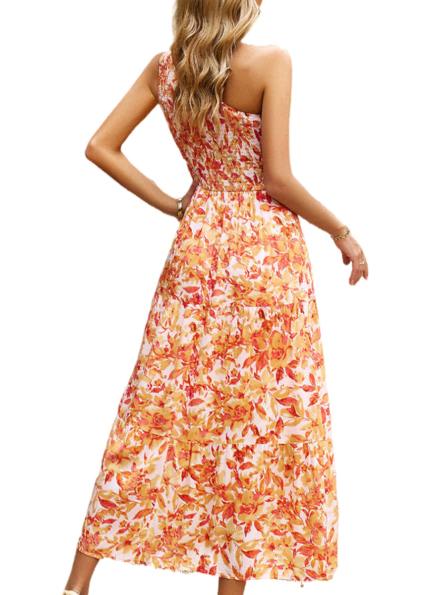 Midi Dresses - Elegant Slanted Shoulder Print Midi Dress - MsDressly