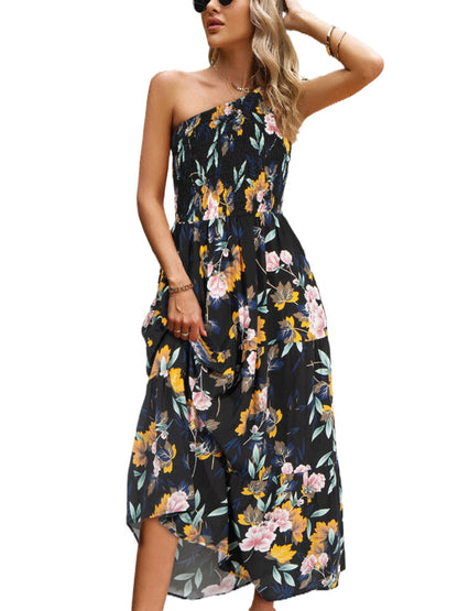 Midi Dresses - Elegant Slanted Shoulder Print Midi Dress - MsDressly