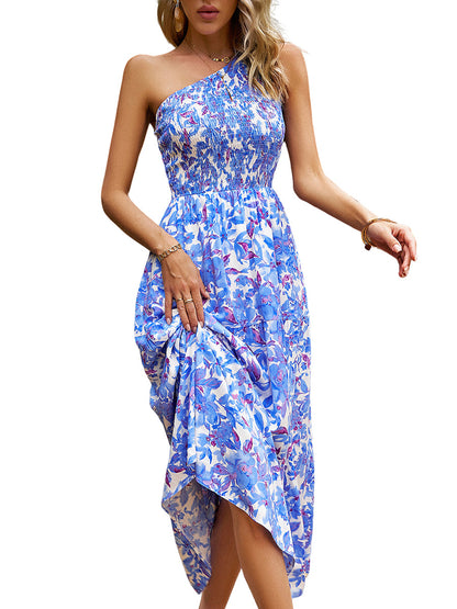 Midi Dresses - Elegant Slanted Shoulder Print Midi Dress - MsDressly