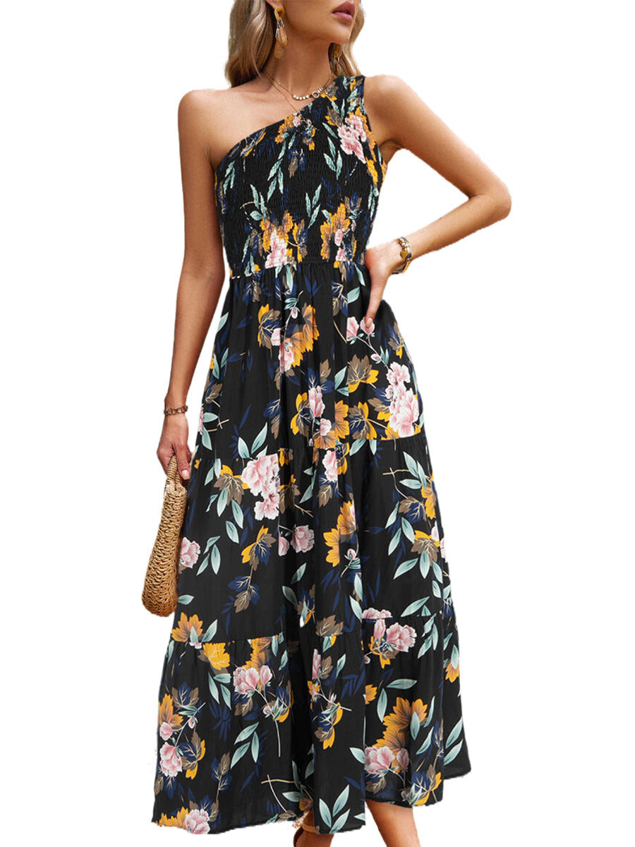 Midi Dresses - Elegant Slanted Shoulder Print Midi Dress - MsDressly