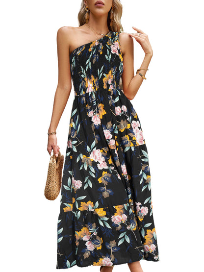 Midi Dresses - Elegant Slanted Shoulder Print Midi Dress - MsDressly