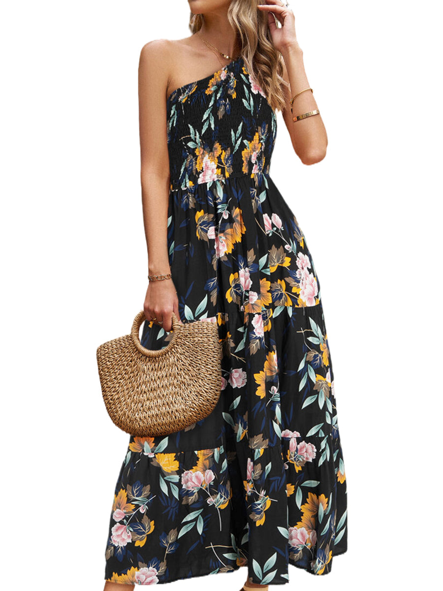 Midi Dresses - Elegant Slanted Shoulder Print Midi Dress - MsDressly